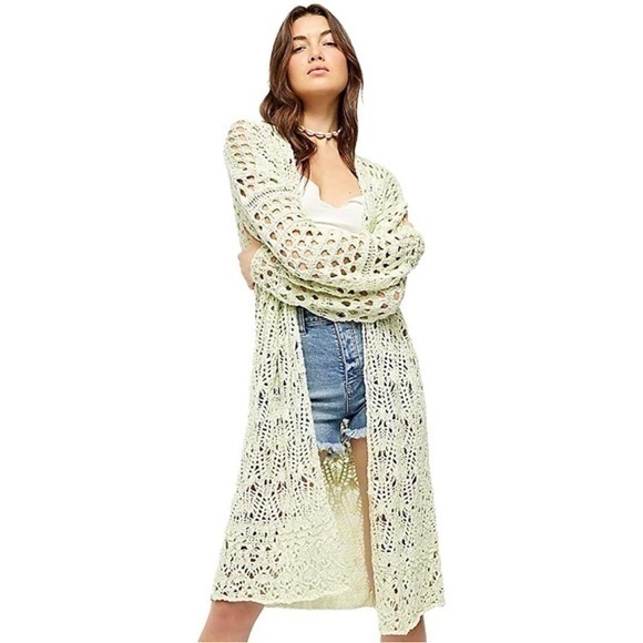 Free People Honeydew Sweet Talker Long Crochet Cardigan